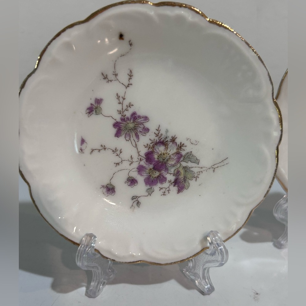 Antique L.S.&S. Carlsbad Austria Hand Painted Floral Plates Set  7 Gold Trim 3.5